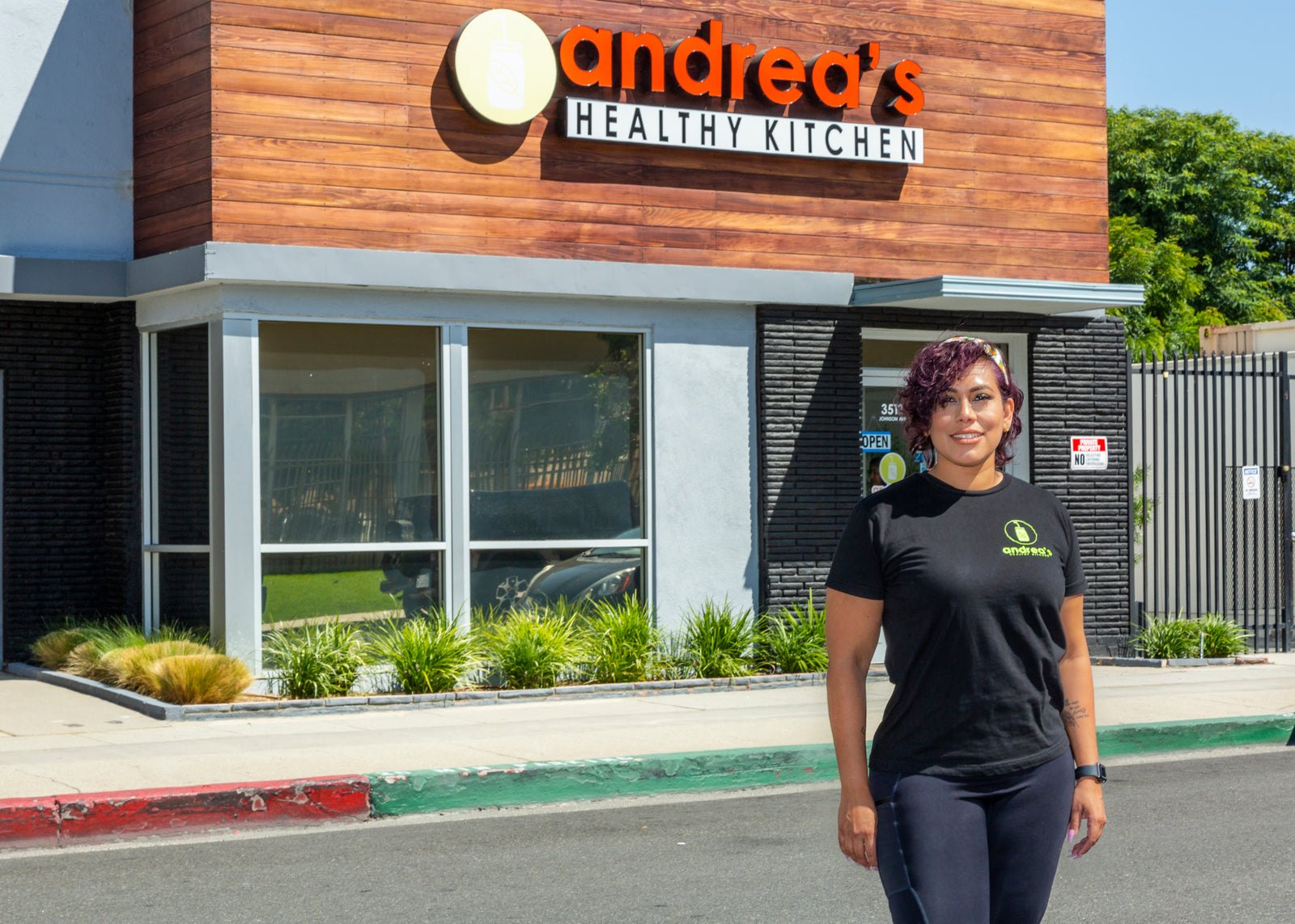 Tatiana standing outside Andrea's Healthy Kitchen on Johnson Ave in El Monte
