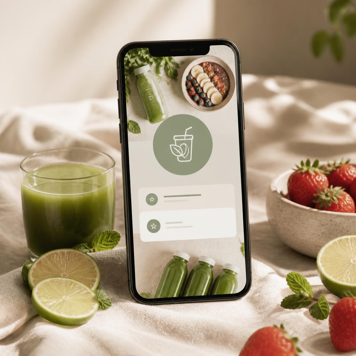 Andrea's Healthy Kitchen app open on a phone beside fresh juice and fruit