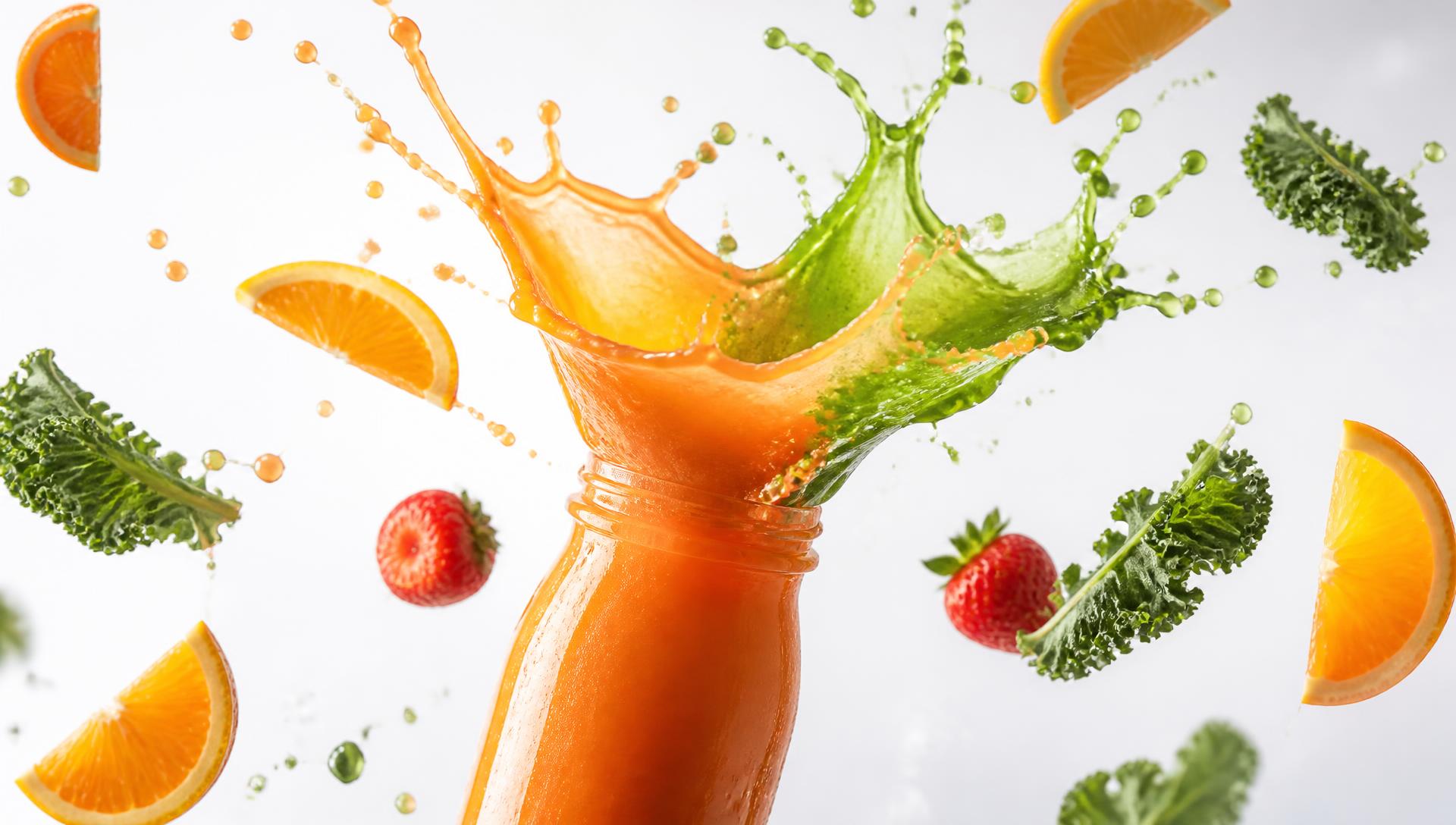 Cold-pressed juice splashing out of a bottle with flying fruit