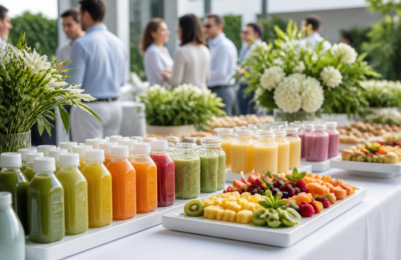 Catering table of juice bottles, smoothies and fruit platters at an outdoor event